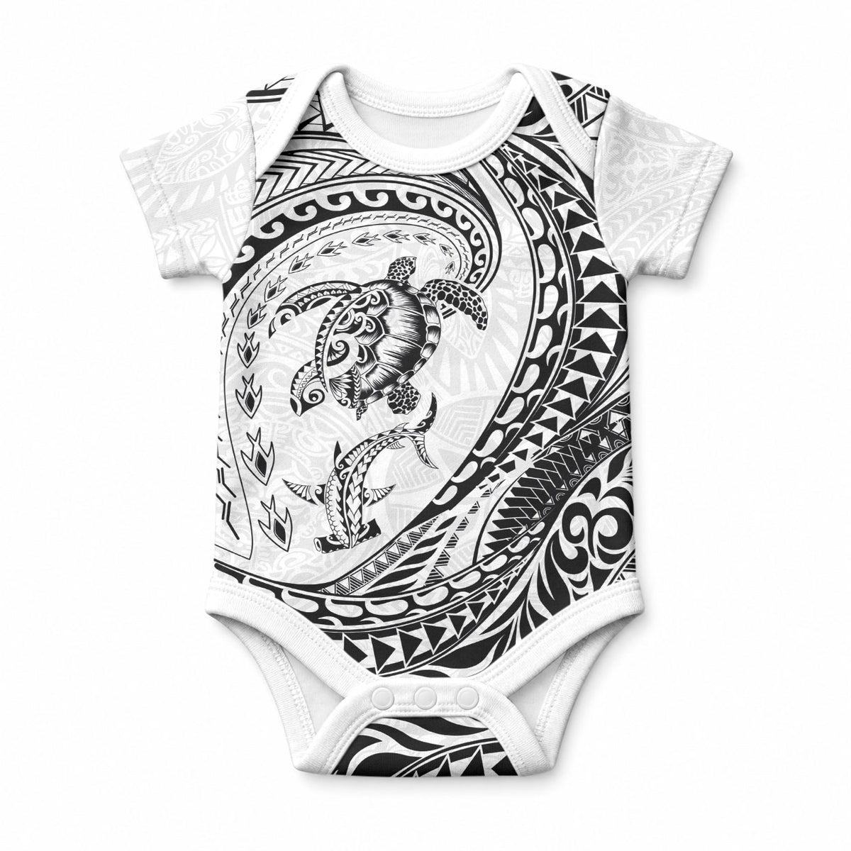 Hawaiian Turtle and Shark Baby Onesie Kakau Tribal with Polynesian Pattern White Color