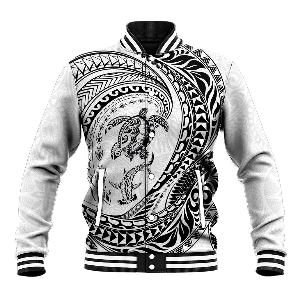 Hawaiian Turtle and Shark Baseball Jacket Kakau Tribal with Polynesian Pattern White Color
