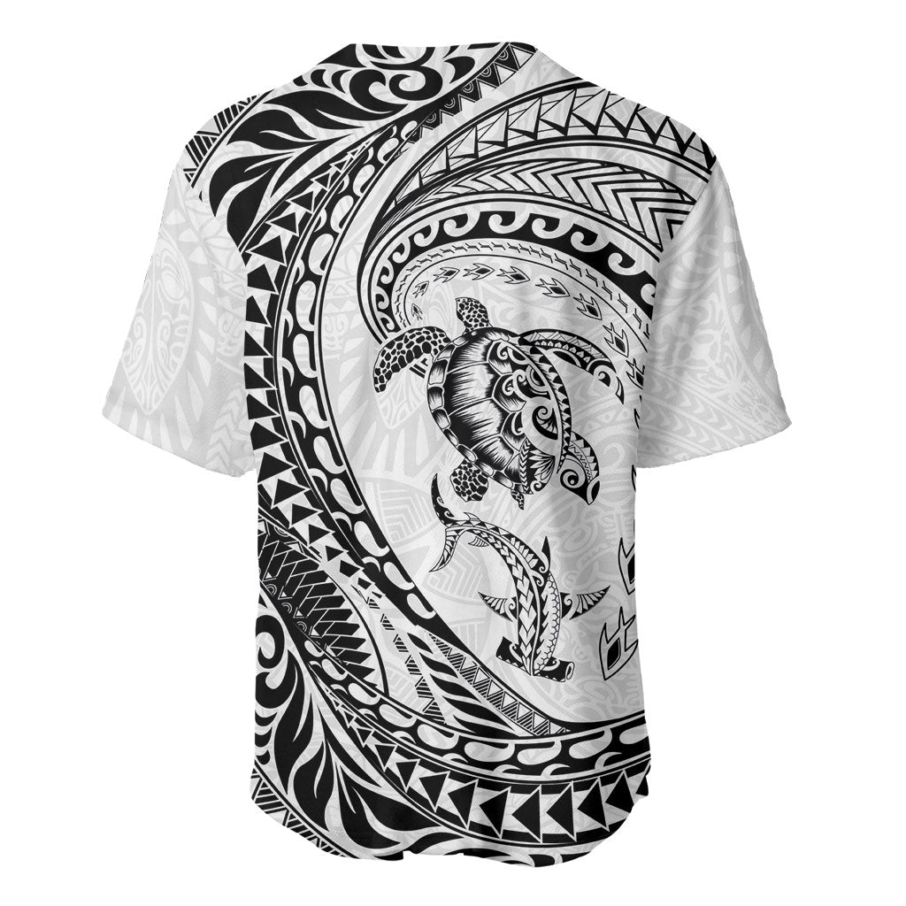Hawaiian Turtle and Shark Baseball Jersey Kakau Tribal with Polynesian Pattern White Color