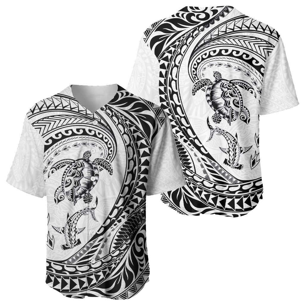 Hawaiian Turtle and Shark Baseball Jersey Kakau Tribal with Polynesian Pattern White Color