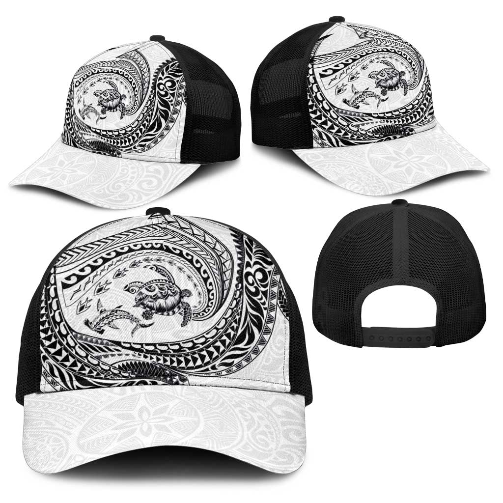 Hawaiian Turtle and Shark Baseball Net Cap Kakau Tribal with Polynesian Pattern White Color