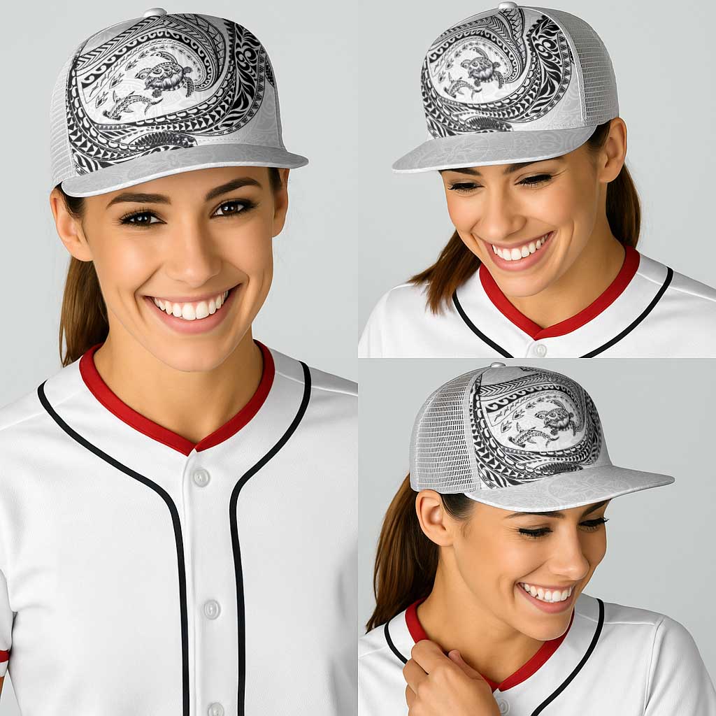 Hawaiian Turtle and Shark Baseball Net Cap Kakau Tribal with Polynesian Pattern White Color
