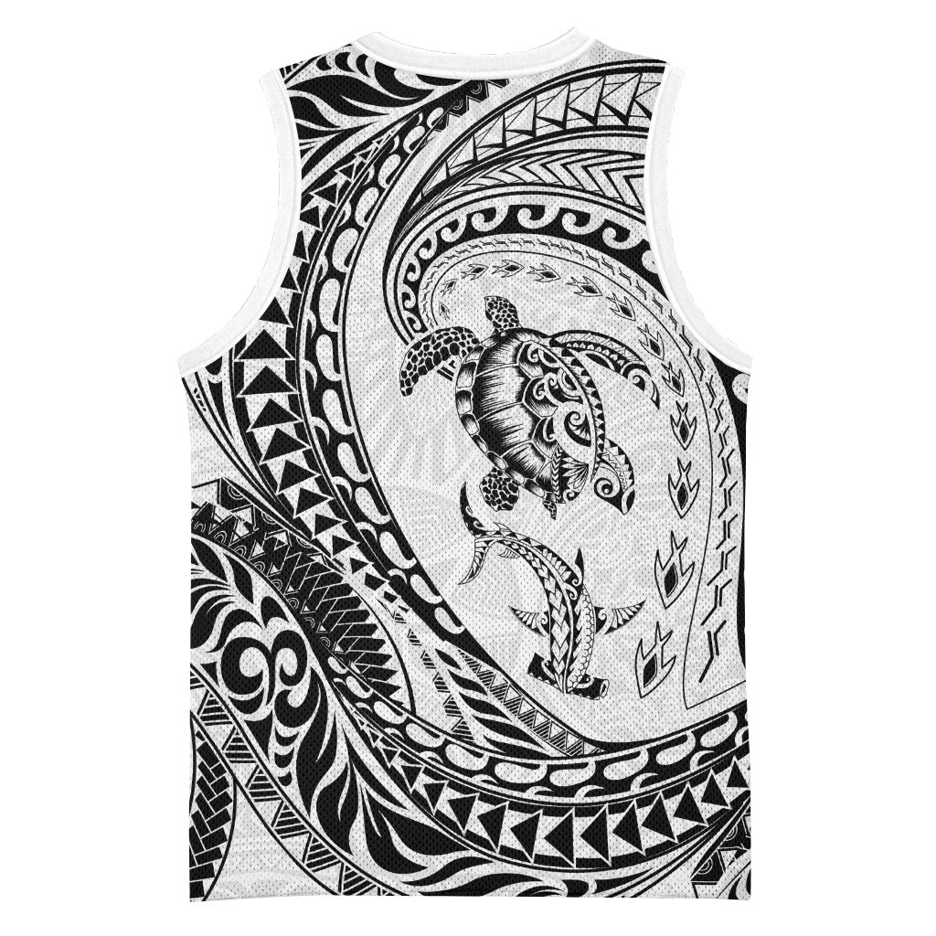 Hawaiian Turtle and Shark Basketball Jersey Kakau Tribal with Polynesian Pattern White Color
