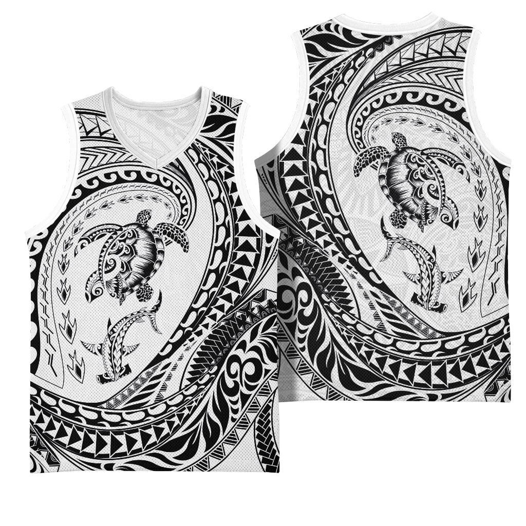 Hawaiian Turtle and Shark Basketball Jersey Kakau Tribal with Polynesian Pattern White Color