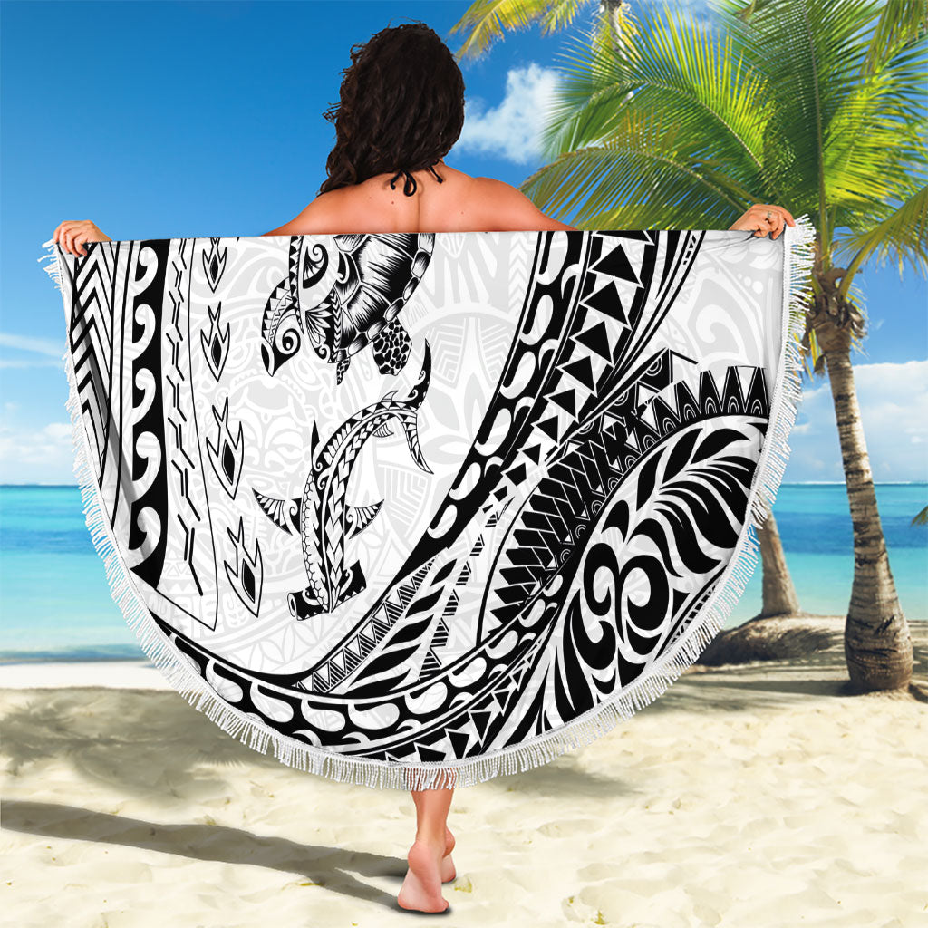 Hawaiian Turtle and Shark Beach Blanket Kakau Tribal with Polynesian Pattern White Color