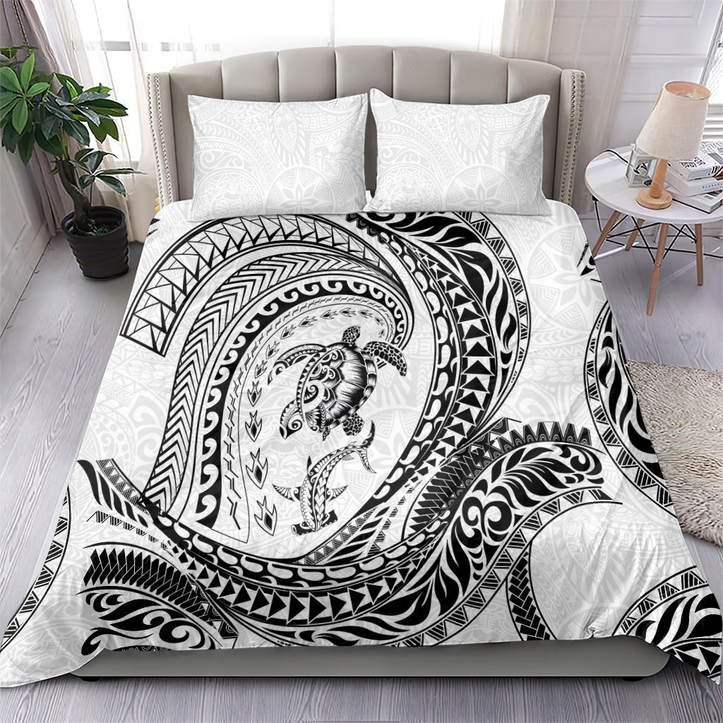 Hawaiian Turtle and Shark Bedding Set Kakau Tribal with Polynesian Pattern White Color
