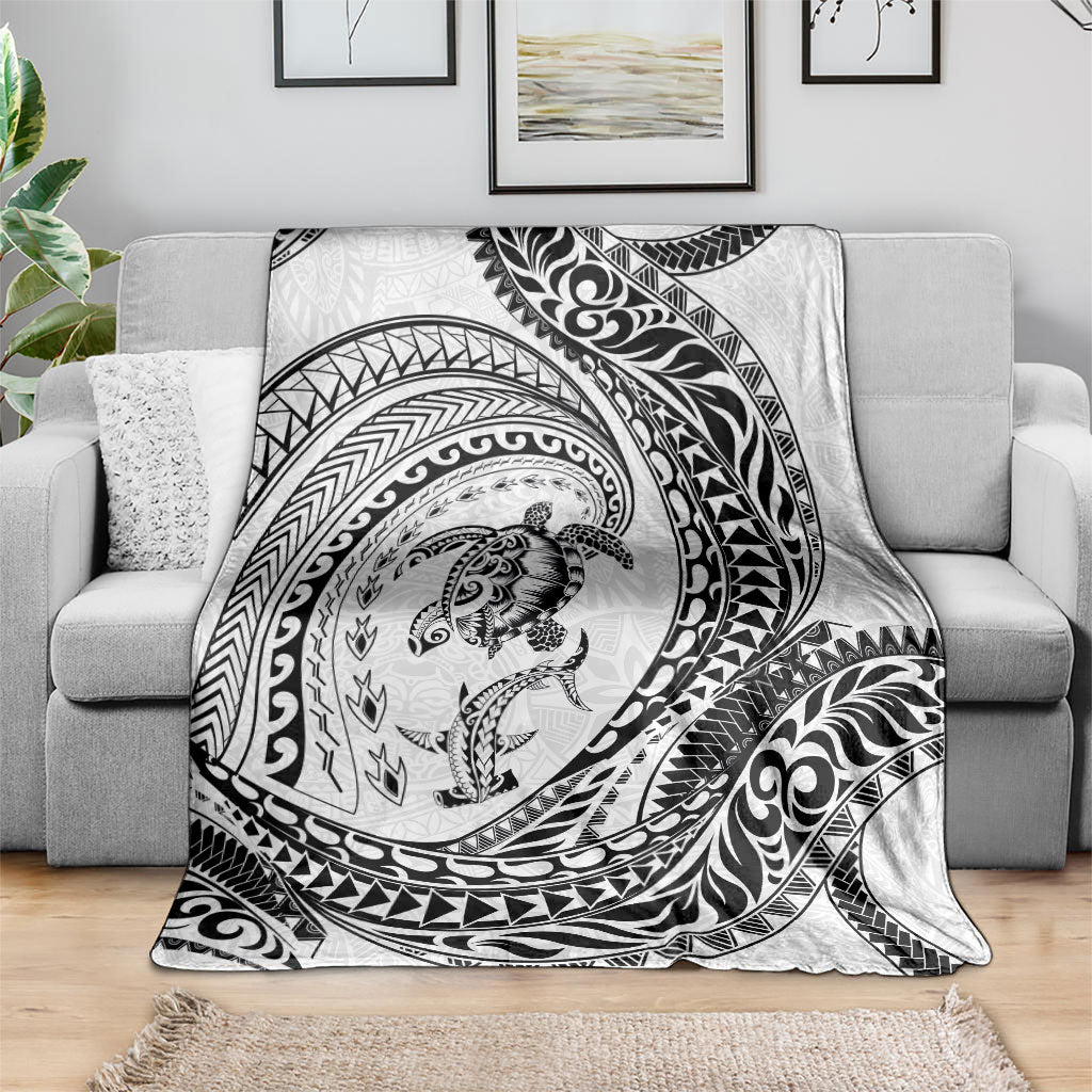 Hawaiian Turtle and Shark Blanket Kakau Tribal with Polynesian Pattern White Color