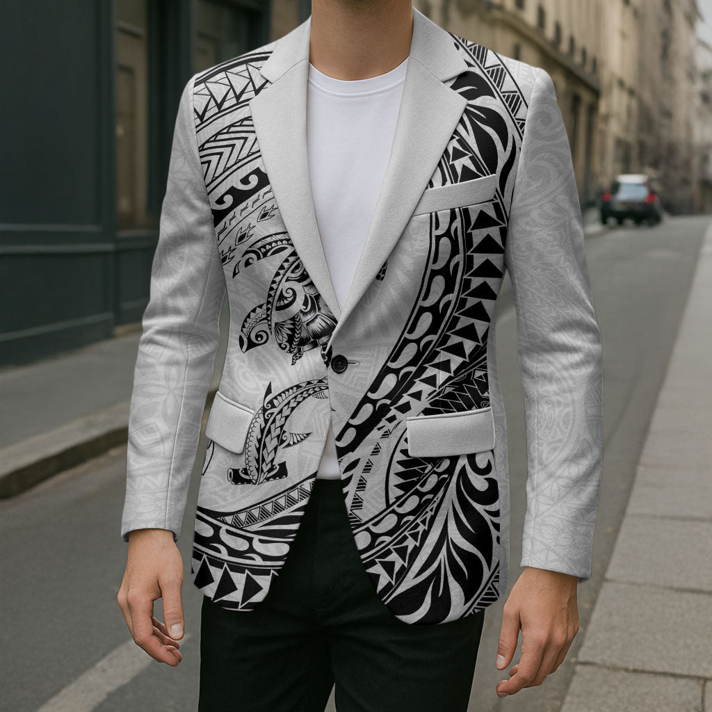 Hawaiian Turtle and Shark Blazer Kakau Tribal with Polynesian Pattern White Color