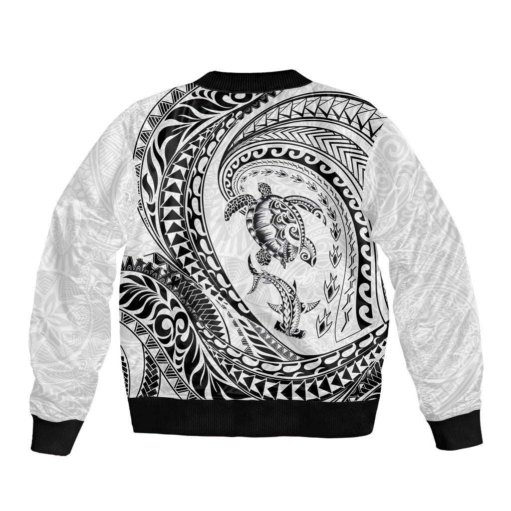 Hawaiian Turtle and Shark Bomber Jacket Kakau Tribal with Polynesian Pattern White Color
