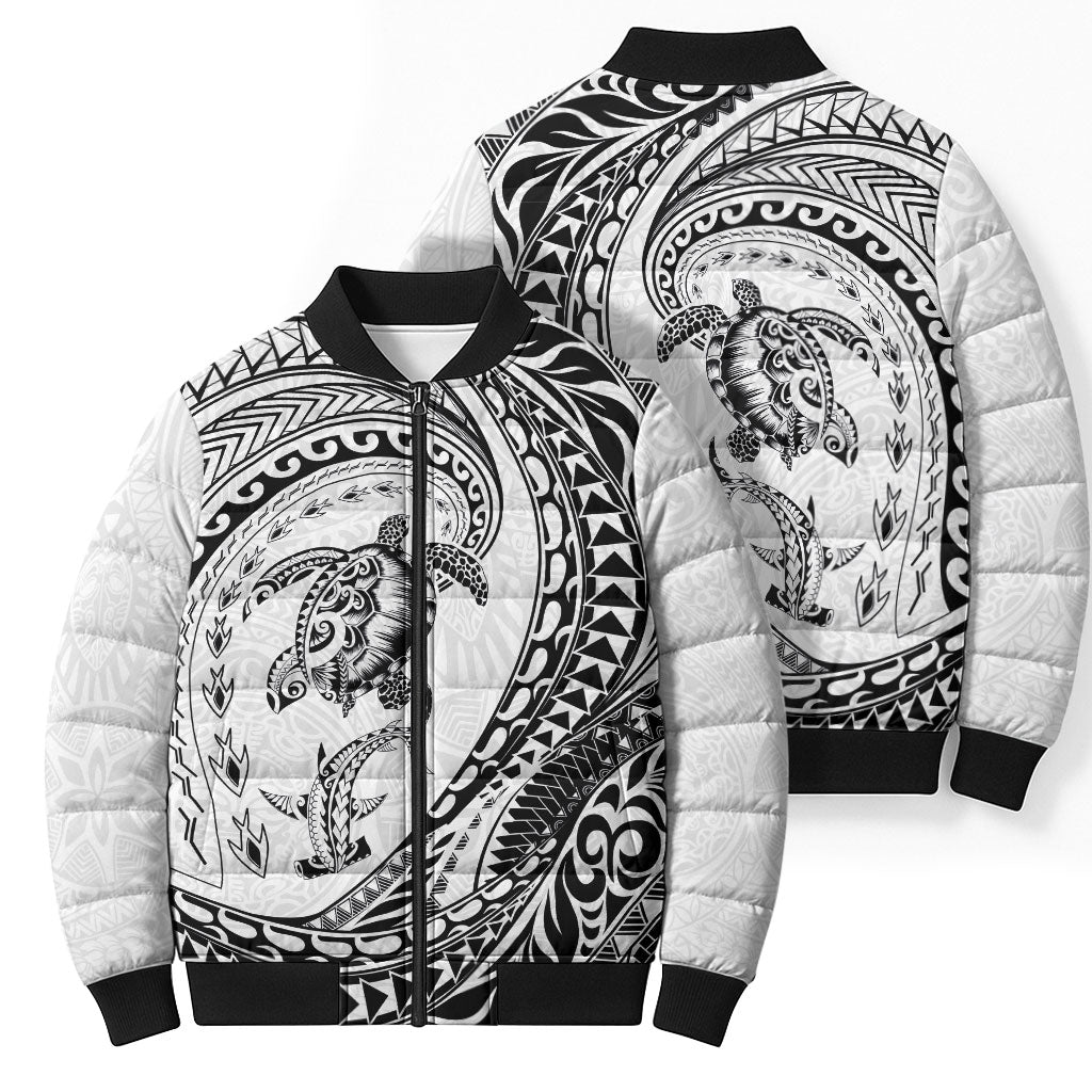 Hawaiian Turtle and Shark Bomber Puffer Jacket Kakau Tribal with Polynesian Pattern White Color