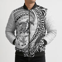 Hawaiian Turtle and Shark Bomber Puffer Jacket Kakau Tribal with Polynesian Pattern White Color