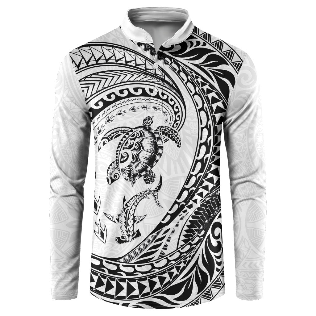 Hawaiian Turtle and Shark Button Sweatshirt Kakau Tribal with Polynesian Pattern White Color