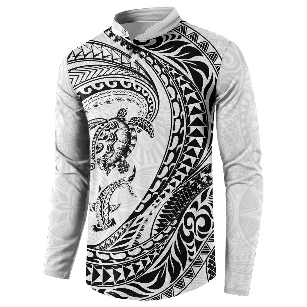 Hawaiian Turtle and Shark Button Sweatshirt Kakau Tribal with Polynesian Pattern White Color