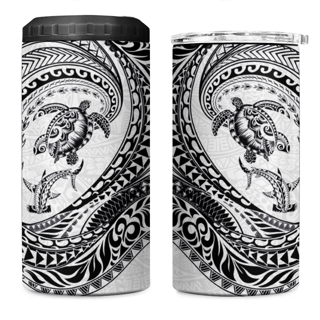 Hawaiian Turtle and Shark 4 in 1 Can Cooler Tumbler Kakau Tribal with Polynesian Pattern White Color