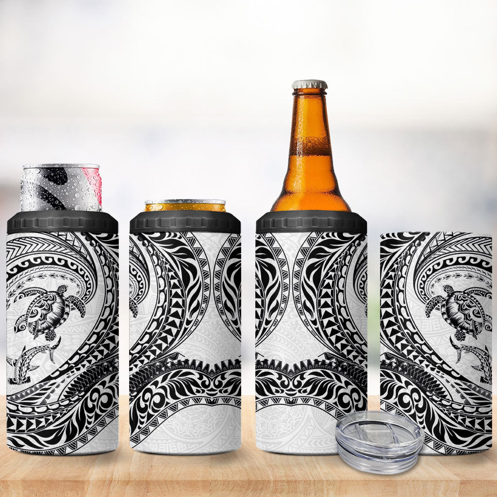 Hawaiian Turtle and Shark 4 in 1 Can Cooler Tumbler Kakau Tribal with Polynesian Pattern White Color