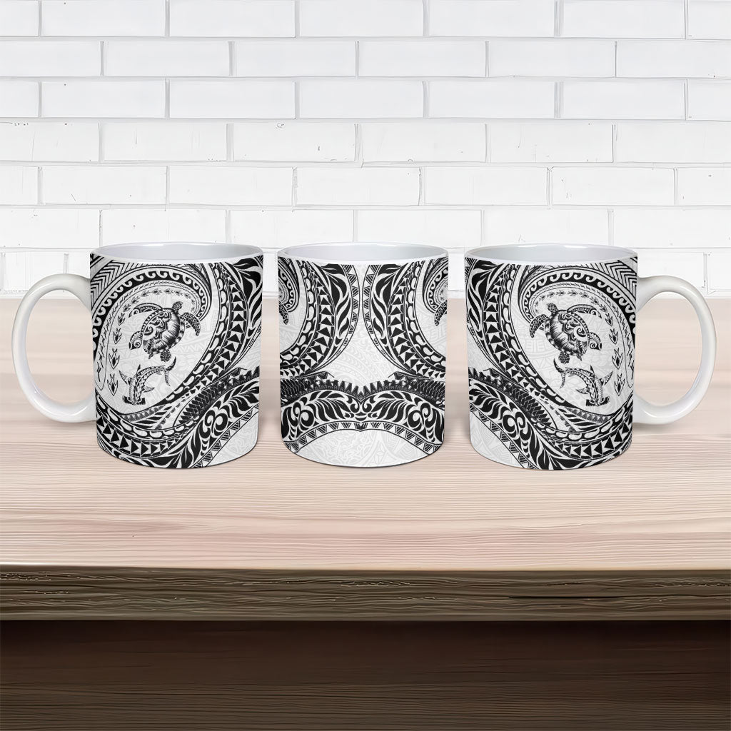 Hawaiian Turtle and Shark Ceramic Mug Kakau Tribal with Polynesian Pattern White Color