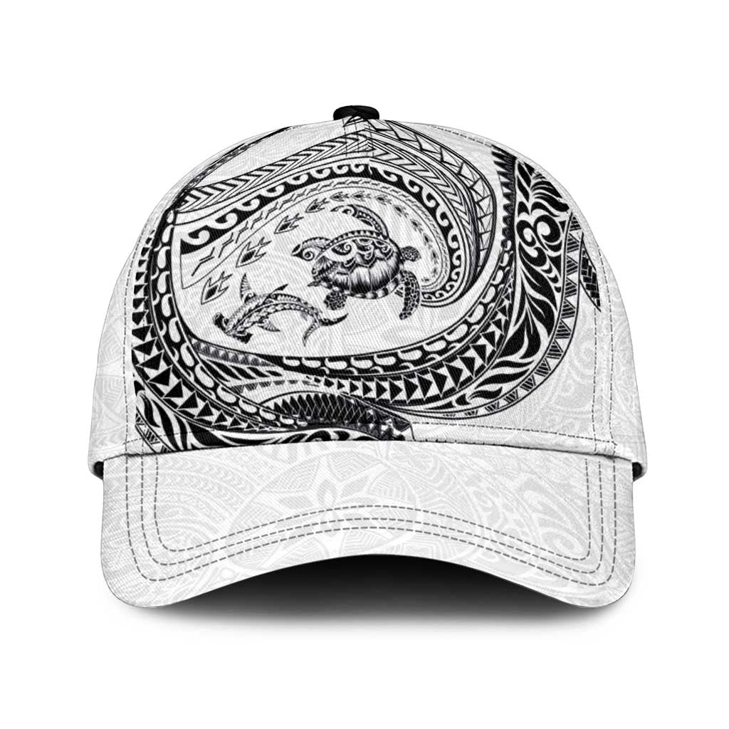 Hawaiian Turtle and Shark Classic Cap Kakau Tribal with Polynesian Pattern White Color
