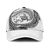 Hawaiian Turtle and Shark Classic Cap Kakau Tribal with Polynesian Pattern White Color