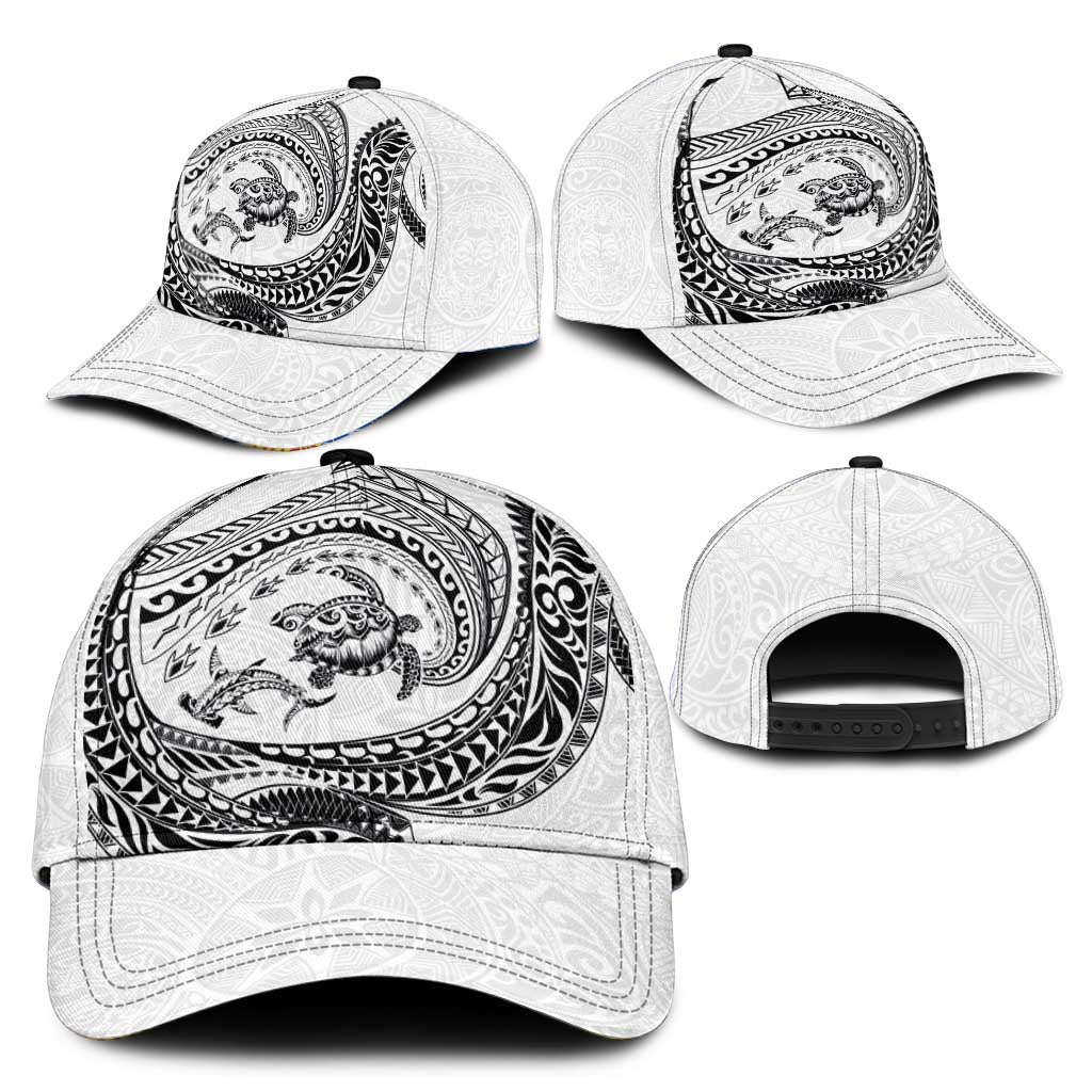 Hawaiian Turtle and Shark Classic Cap Kakau Tribal with Polynesian Pattern White Color