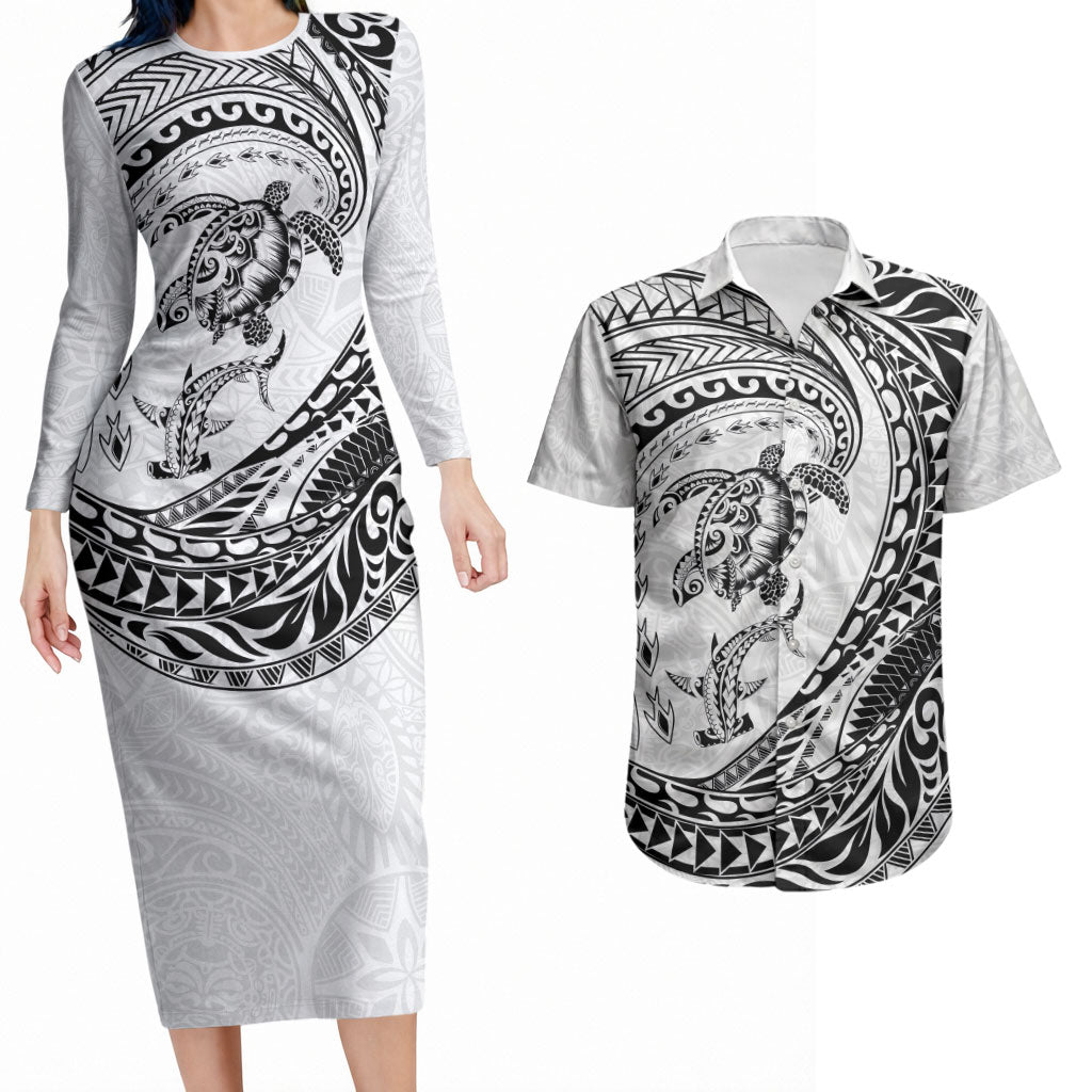 Hawaiian Turtle and Shark Couples Matching Long Sleeve Bodycon Dress and Hawaiian Shirt Kakau Tribal with Polynesian Pattern White Color