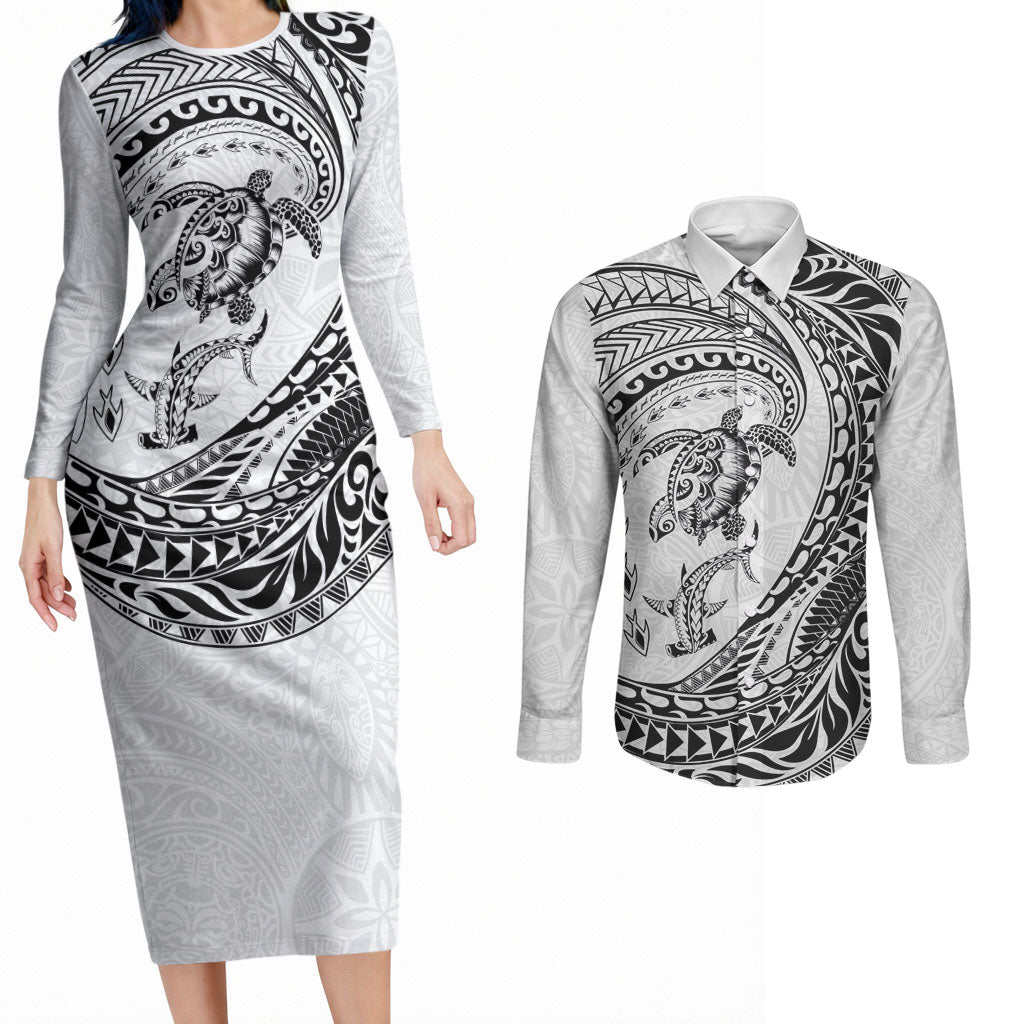 Hawaiian Turtle and Shark Couples Matching Long Sleeve Bodycon Dress and Long Sleeve Button Shirt Kakau Tribal with Polynesian Pattern White Color