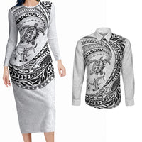Hawaiian Turtle and Shark Couples Matching Long Sleeve Bodycon Dress and Long Sleeve Button Shirt Kakau Tribal with Polynesian Pattern White Color