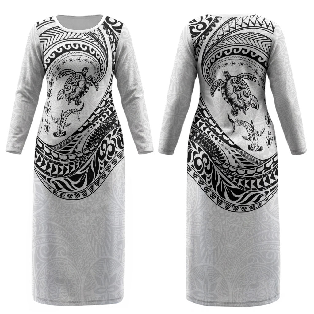 Hawaiian Turtle and Shark Couples Matching Long Sleeve Bodycon Dress and Long Sleeve Button Shirt Kakau Tribal with Polynesian Pattern White Color