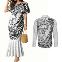 Hawaiian Turtle and Shark Couples Matching Mermaid Dress and Long Sleeve Button Shirt Kakau Tribal with Polynesian Pattern White Color