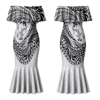 Hawaiian Turtle and Shark Couples Matching Mermaid Dress and Long Sleeve Button Shirt Kakau Tribal with Polynesian Pattern White Color