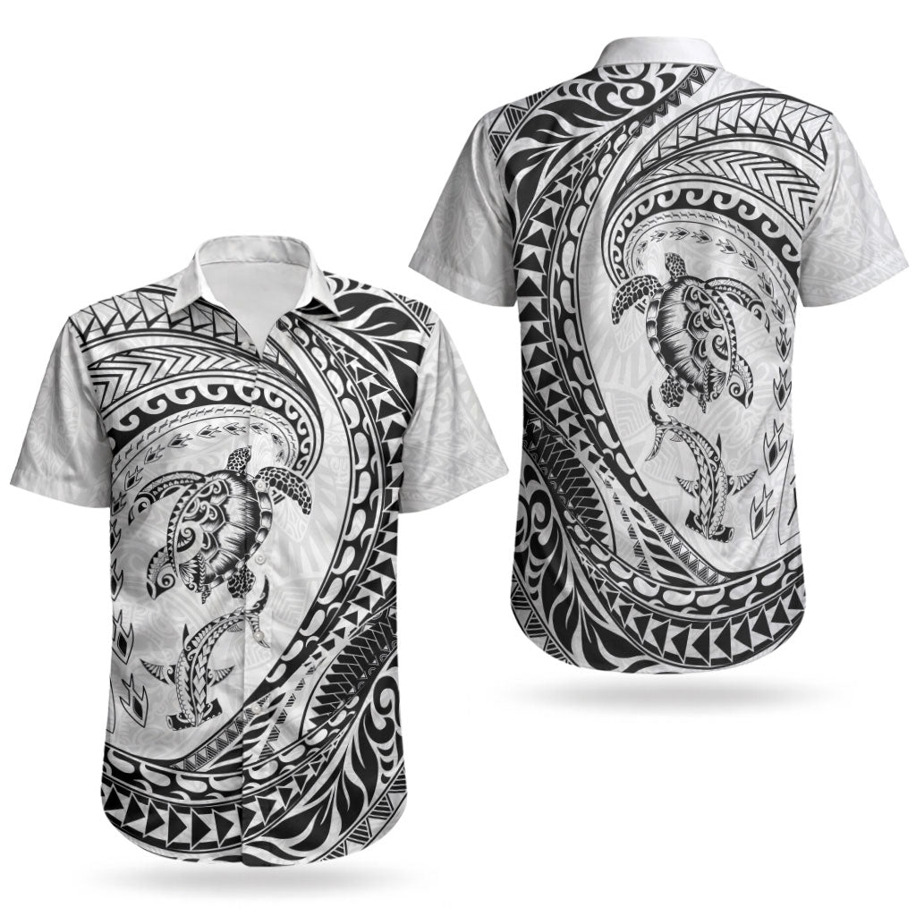 Hawaiian Turtle and Shark Couples Matching Off Shoulder Maxi Dress and Hawaiian Shirt Kakau Tribal with Polynesian Pattern White Color