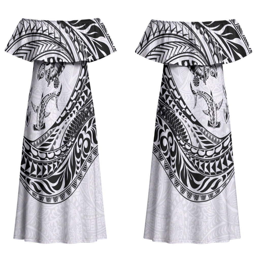 Hawaiian Turtle and Shark Couples Matching Off Shoulder Maxi Dress and Hawaiian Shirt Kakau Tribal with Polynesian Pattern White Color
