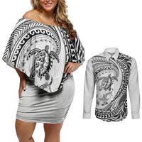 Hawaiian Turtle and Shark Couples Matching Off Shoulder Short Dress and Long Sleeve Button Shirt Kakau Tribal with Polynesian Pattern White Color