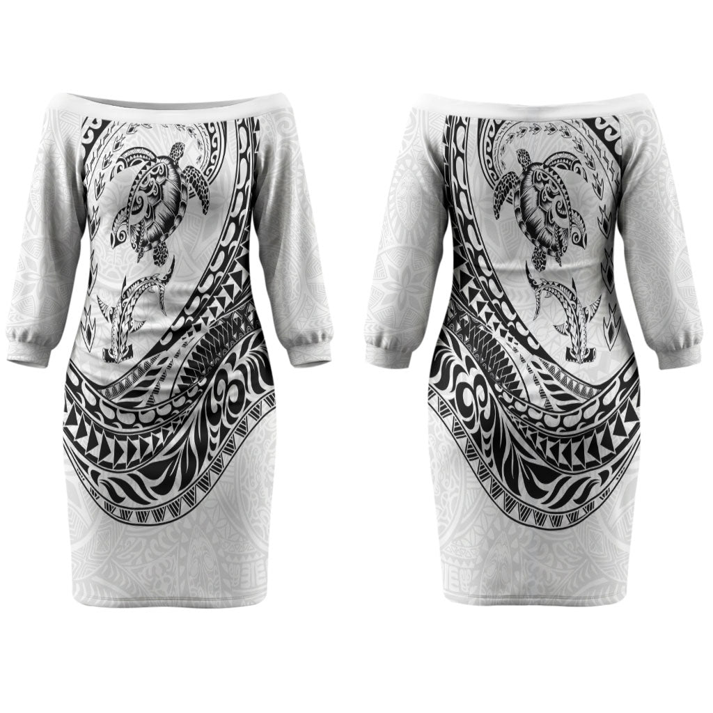 Hawaiian Turtle and Shark Couples Matching Off The Shoulder Long Sleeve Dress and Hawaiian Shirt Kakau Tribal with Polynesian Pattern White Color