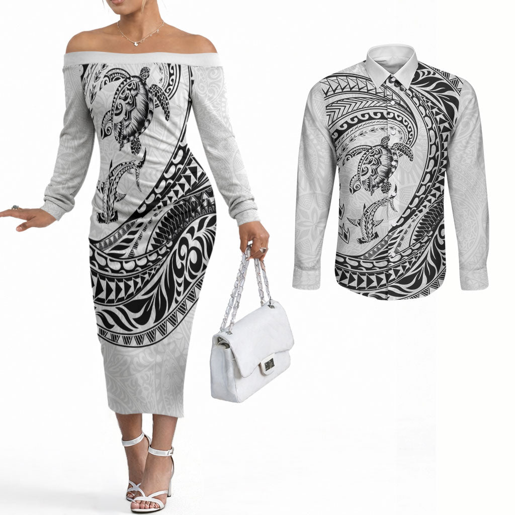 Hawaiian Turtle and Shark Couples Matching Off The Shoulder Long Sleeve Dress and Long Sleeve Button Shirt Kakau Tribal with Polynesian Pattern White Color