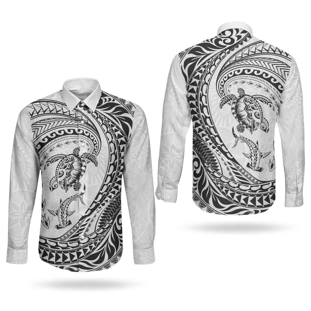 Hawaiian Turtle and Shark Couples Matching Puletasi and Long Sleeve Button Shirt Kakau Tribal with Polynesian Pattern White Color