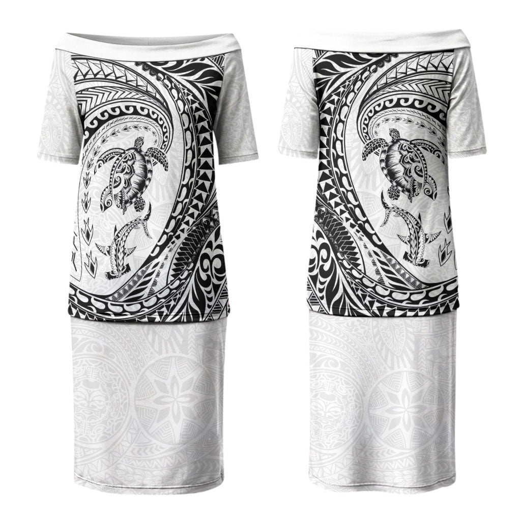 Hawaiian Turtle and Shark Couples Matching Puletasi and Long Sleeve Button Shirt Kakau Tribal with Polynesian Pattern White Color