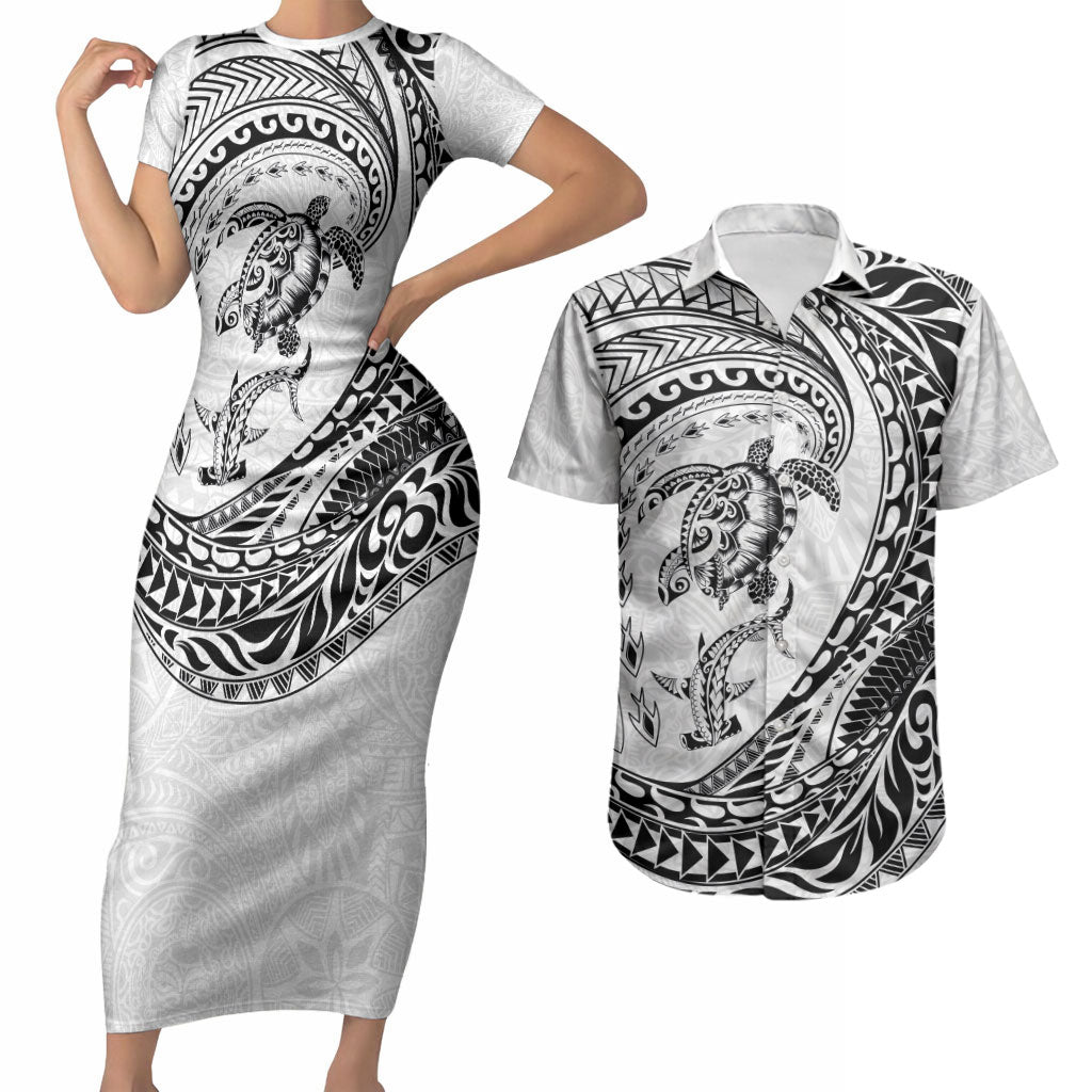 Hawaiian Turtle and Shark Couples Matching Short Sleeve Bodycon Dress and Hawaiian Shirt Kakau Tribal with Polynesian Pattern White Color