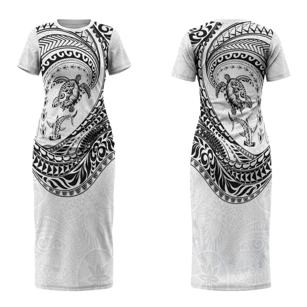 Hawaiian Turtle and Shark Couples Matching Short Sleeve Bodycon Dress and Long Sleeve Button Shirt Kakau Tribal with Polynesian Pattern White Color