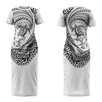 Hawaiian Turtle and Shark Couples Matching Short Sleeve Bodycon Dress and Long Sleeve Button Shirt Kakau Tribal with Polynesian Pattern White Color