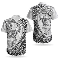 Hawaiian Turtle and Shark Couples Matching Summer Maxi Dress and Hawaiian Shirt Kakau Tribal with Polynesian Pattern White Color