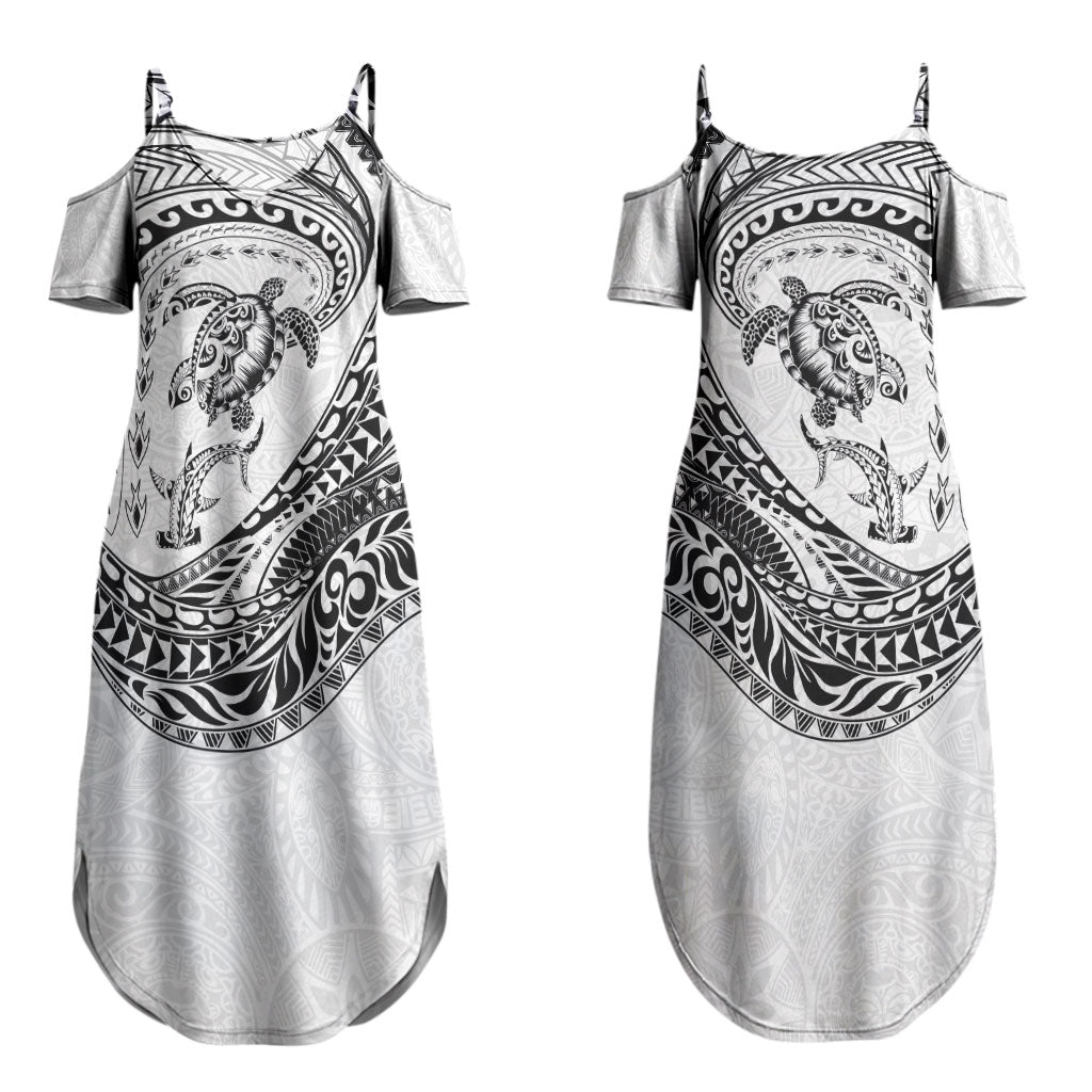 Hawaiian Turtle and Shark Couples Matching Summer Maxi Dress and Long Sleeve Button Shirt Kakau Tribal with Polynesian Pattern White Color