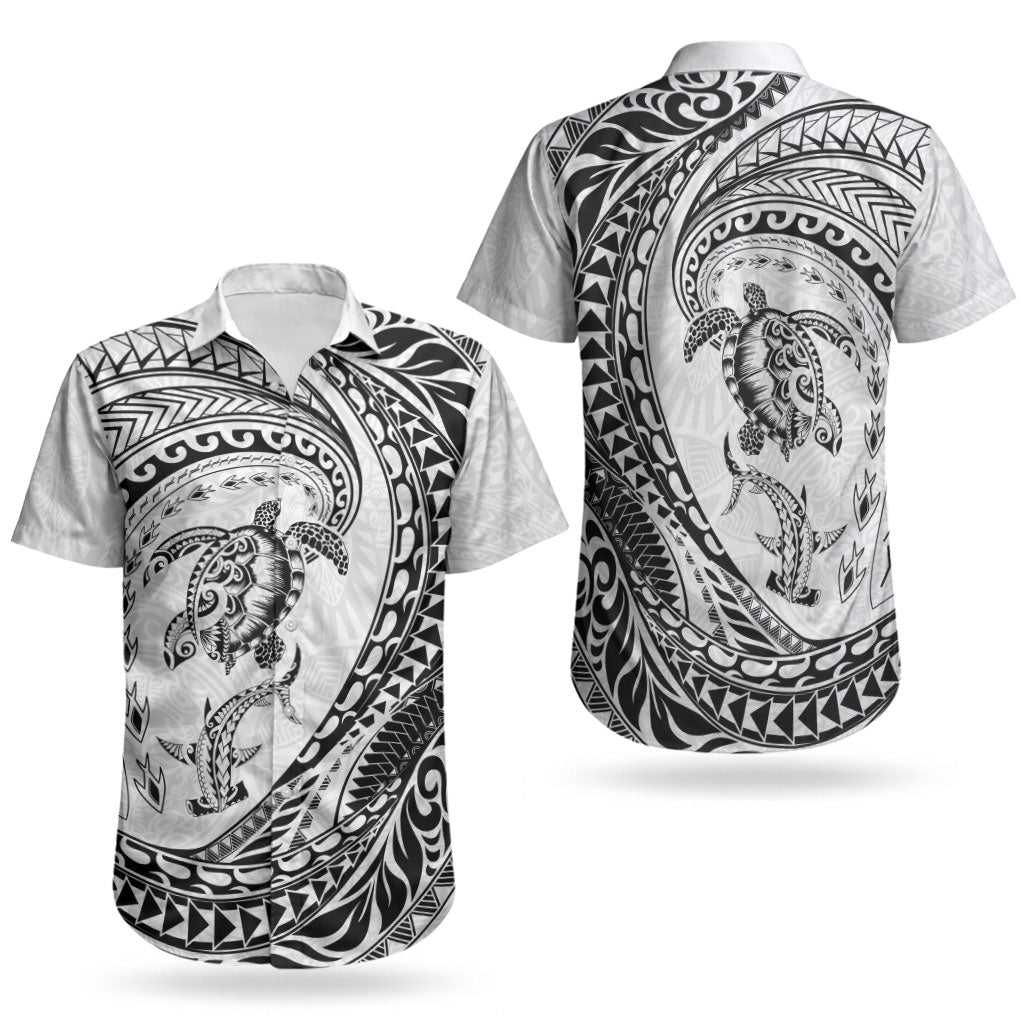 Hawaiian Turtle and Shark Couples Matching Tank Maxi Dress and Hawaiian Shirt Kakau Tribal with Polynesian Pattern White Color