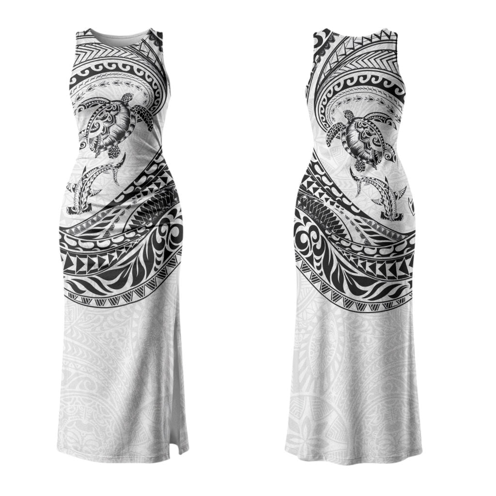 Hawaiian Turtle and Shark Couples Matching Tank Maxi Dress and Hawaiian Shirt Kakau Tribal with Polynesian Pattern White Color