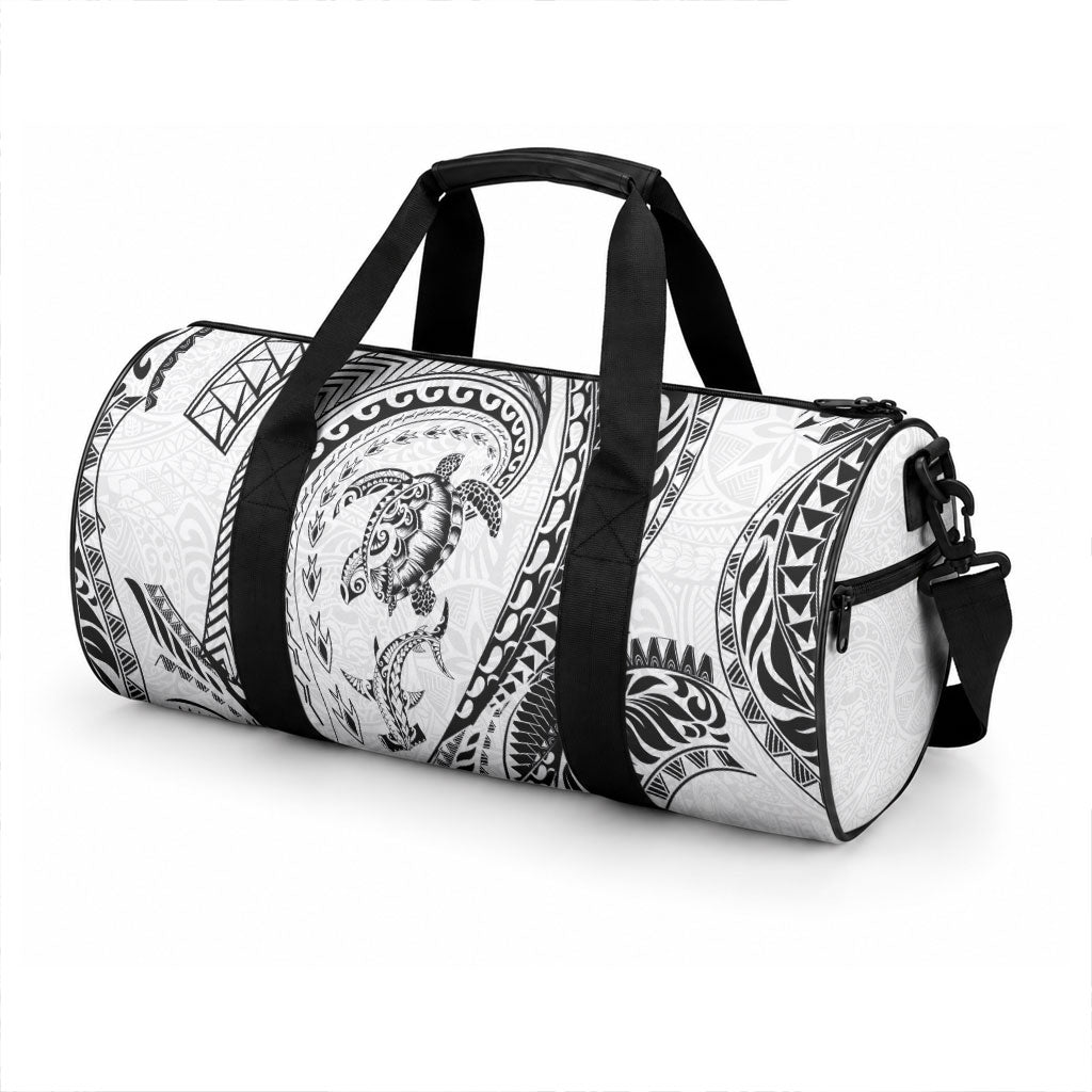 Hawaiian Turtle and Shark Duffle Bag Kakau Tribal with Polynesian Pattern White Color