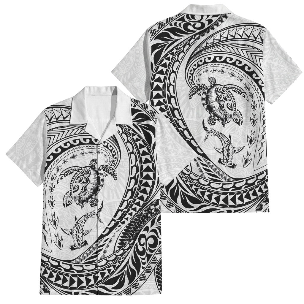 Hawaiian Turtle and Shark Family Matching Puletasi and Hawaiian Shirt Kakau Tribal with Polynesian Pattern White Color