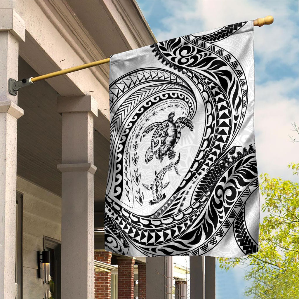 Hawaiian Turtle and Shark Garden Flag Kakau Tribal with Polynesian Pattern White Color