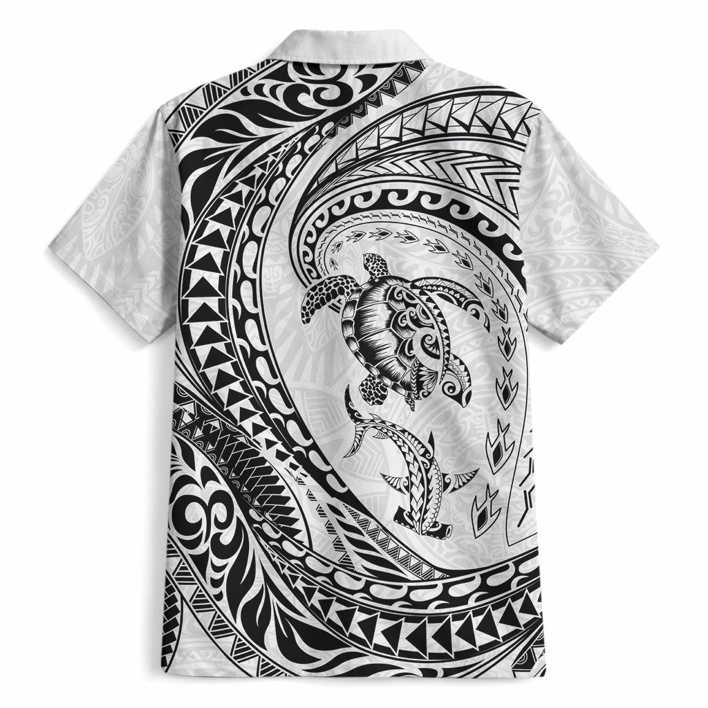 Hawaiian Turtle and Shark Hawaiian Shirt Kakau Tribal with Polynesian Pattern White Color