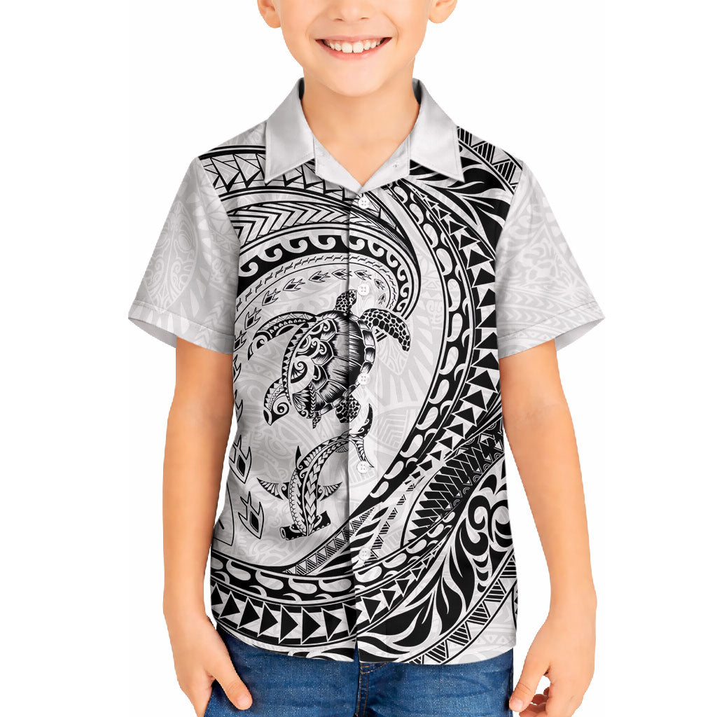 Hawaiian Turtle and Shark Hawaiian Shirt Kakau Tribal with Polynesian Pattern White Color