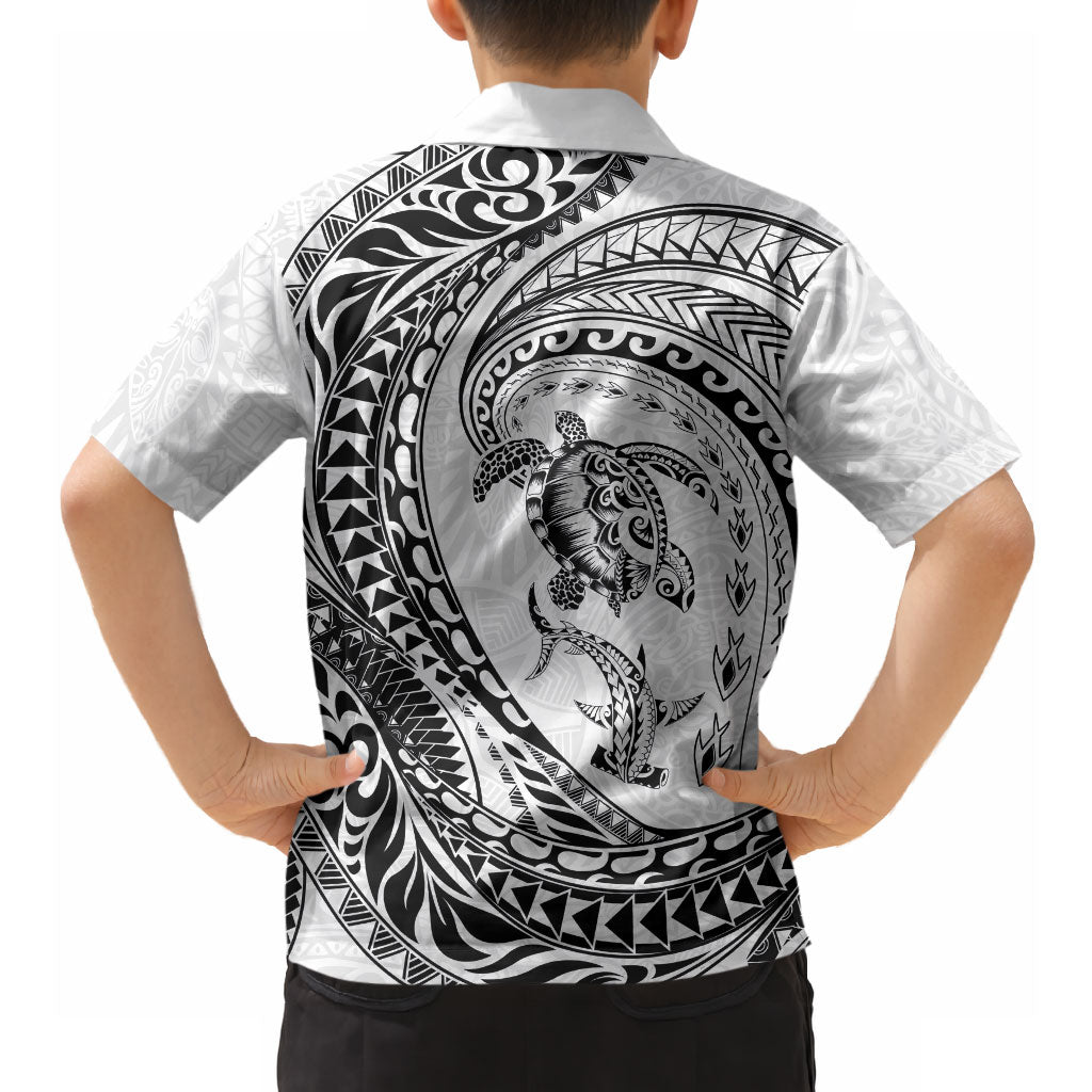 Hawaiian Turtle and Shark Hawaiian Shirt Kakau Tribal with Polynesian Pattern White Color