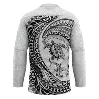 Hawaiian Turtle and Shark Hockey Jersey Kakau Tribal with Polynesian Pattern White Color